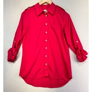 Chicos Womens Button-Up Shirt Size 0 Red Roll-Tab Sleeves Chest Pocket